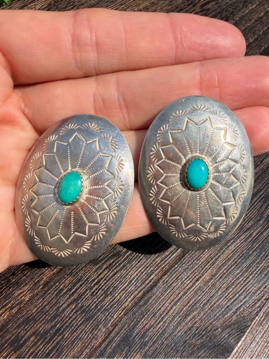 Native American Jewelry - Concho and Turquoise Oval Sterling Silver Earrings - Vintage Native Handmade
